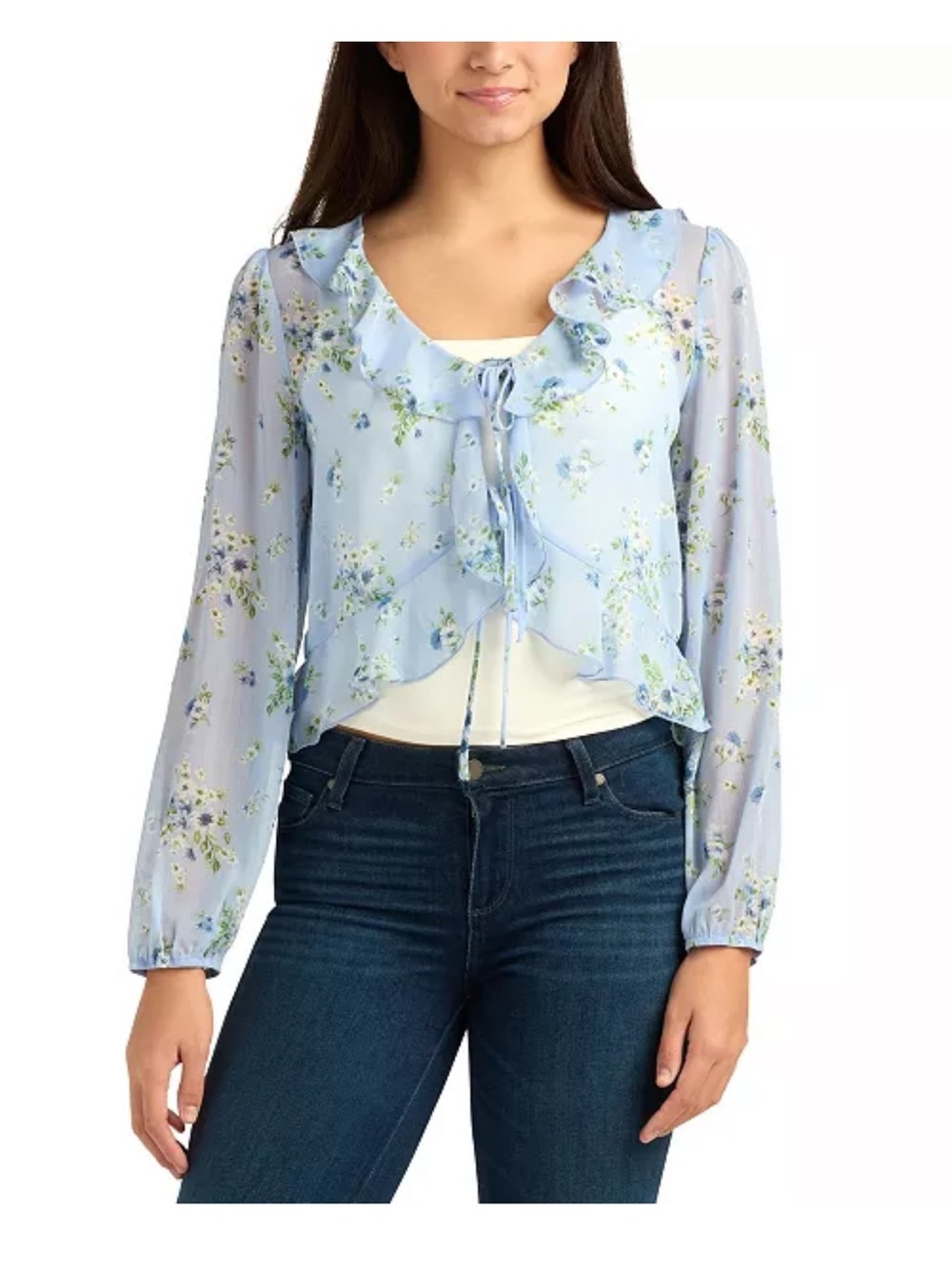 Floral Ruffle Tie-Neck Blouse - Light Blue